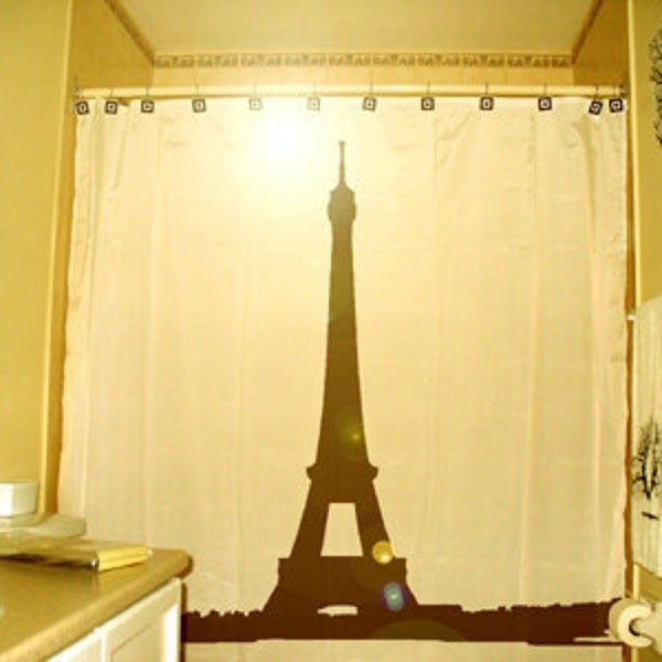 Eiffel Tower Shower Curtain, Paris bathroom decor. Extra long fabric shower curtains 84 90 96 inch, custom stall size 36 54 78.