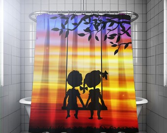 Brother Sister Shared Shower Curtain, Boy Girl Siblings Bathroom Decor for kids