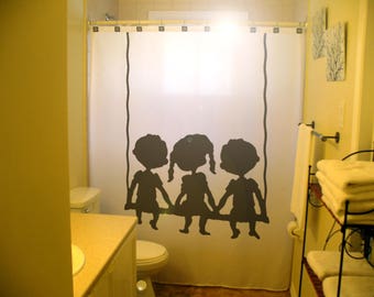 Kids Swing Shower Curtain, Siblings Bathroom Decor, Customizable Fabric