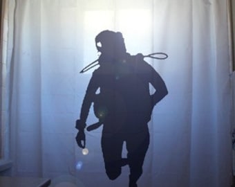 Scuba Diver Shower Curtain, Deep Sea Underwater Bathroom Decor