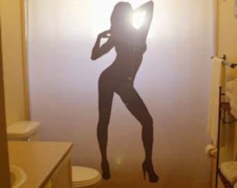 Pinup Sexy Shower Curtain, men's bathroom decor, novelty gift for him. Extra long fabric available in 84 & 96 inch custom size.