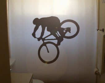 Mountain Bike Shower Curtain, Bicycle Bicyclist Biking, kids bathroom decor. Extra long fabric available in 84 & 96 inch custom size.