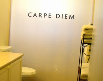 Carpe Diem Shower Curtain, Motivational Quote Bathroom Decor, Seize The Day. Extra long fabric available in 84 & 96 inch custom size.