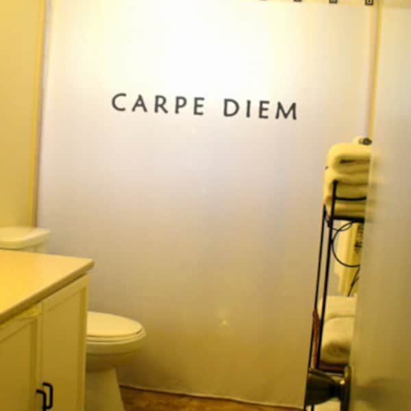 Carpe Diem Shower Curtain, Motivational Quote Bathroom Decor, Seize The Day. Extra long fabric available in 84 & 96 inch custom size.