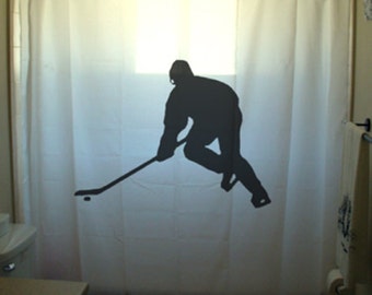 Hockey Shower Curtain, Sports Player Bathroom Decor for Kids. Extra long fabric shower curtains 84 90 96 inch, custom stall size 36 54 78.