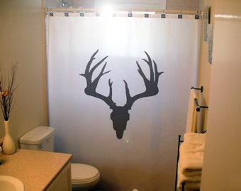 Deer Skull Shower Curtain, Trophy Hunting Antlers bathroom decor. Extra long fabric available in 84 & 96 inch custom size.