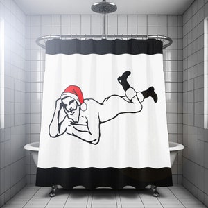 Sexy Santa Claus Shower Curtain, Fun Christmas Bathroom Decor, Gay Humor. Extra long fabric available in 84 & 96 inch custom size.