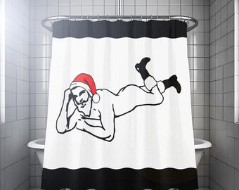 Sexy Santa Claus Shower Curtain, Fun Christmas Bathroom Decor, Gay Humor. Extra long fabric available in 84 & 96 inch custom size.