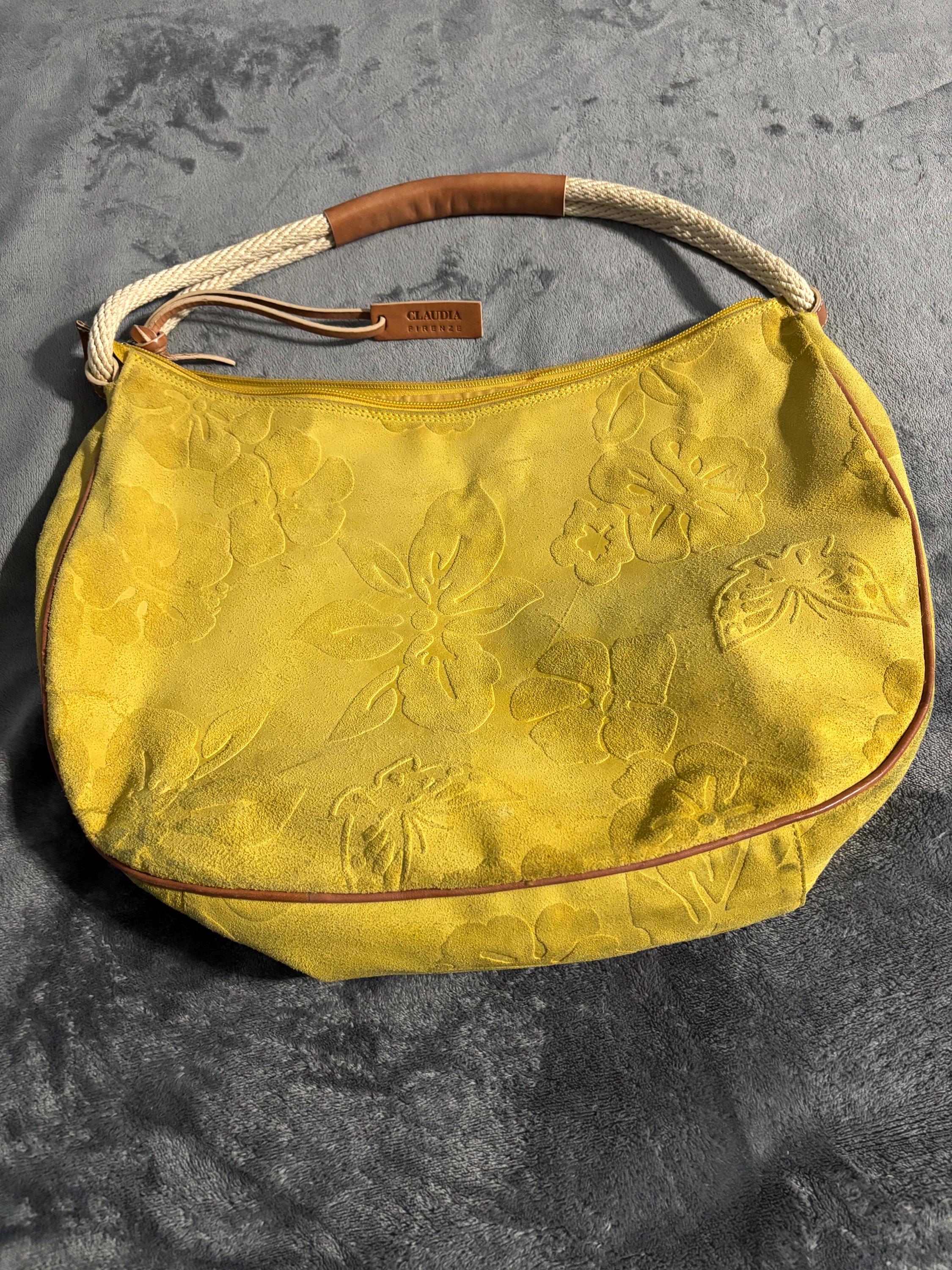 Vintage Y2K Claudia Firenze Yellow Suede Hobo Bag - Embossed