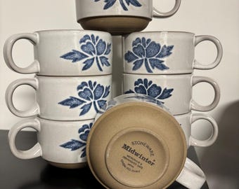 Vintage Stonehenge Midwinter Blue Dahlia Coffee Mugs (Set of 8)