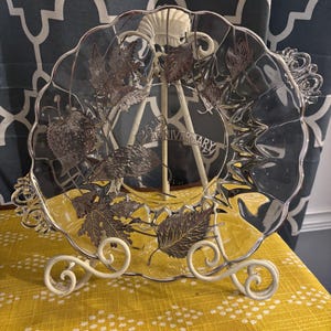 Silver City Glass Company 1960s 25th Anniversary platter. Crystal with embossed silver leaves.