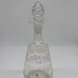 Vintage Queen Lace Crystal Decanter with Pink & Gold Hand-Painted Enamel Design - 9” Tall with Stopper