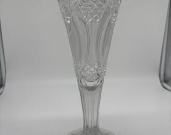 Jarrón trompeta EAPG con diseño de rombos y abanicos - Vidrio prensado victoriano - Jarrón de vidrio transparente de 28 cm de alto con base en forma de estrella - Antigüedad de la década de 1890