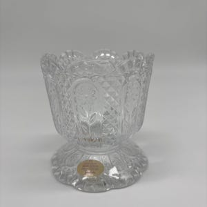 Vintage Avon by Fostoria Glass Votive Holder - Clear Pressed Glass Candle Cup with Daisy & Diamond Pattern, Scalloped Edge, 3.5” Tall