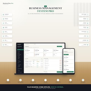May include: A digital business management system interface displayed on a laptop and smartphone screen. The layout features a dashboard with financial data, project lists, and navigation menus labeled Dashboard, Projects, Tasks, and more.