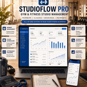 StudioFlow Pro — Aplicación para la gestión de gimnasios y estudios de fitness / Panel de control de miembros, clases e ingresos recurrentes mensuales / HTML sin conexión, sin suscripción