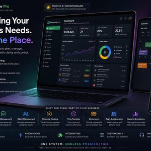 Peut inclure: Une interface logicielle BusinessFlow Pro affichée sur un ordinateur portable, une tablette et un smartphone. Le tableau de bord sombre présente des analyses, le statut des projets et un calendrier. Texte : Everything Your Business Needs.