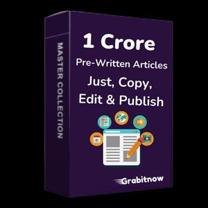 Puede incluir: Caja morada con el texto "1 Crore Pre-Written Articles Just, Copy, Edit & Publish" y el texto "MASTER COLLECTION" en el lateral. La caja tiene un gráfico de una pantalla de ordenador con un lápiz y iconos para un calendario, un globo terráqueo, un archivo y un vídeo.