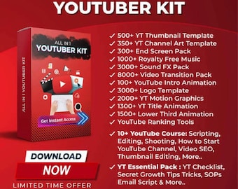 May include: A red and white box with the text "ALL IN 1 YOUTUBER KIT" on it. The box is open and shows a variety of digital assets for YouTube creators, including thumbnails, channel art, music, and more. The text "DOWNLOAD NOW" is on the bottom of the box.