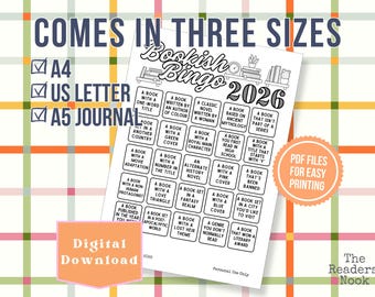 Bookish Bingo 2026 stampabile: tracciamento delle sfide di lettura (download digitale)