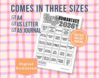 Bingo de tropos literarios - ROMANTASY 2026 / Página de diario imprimible / Registro de lectura TBR - Rastreador de libros - Descarga digital