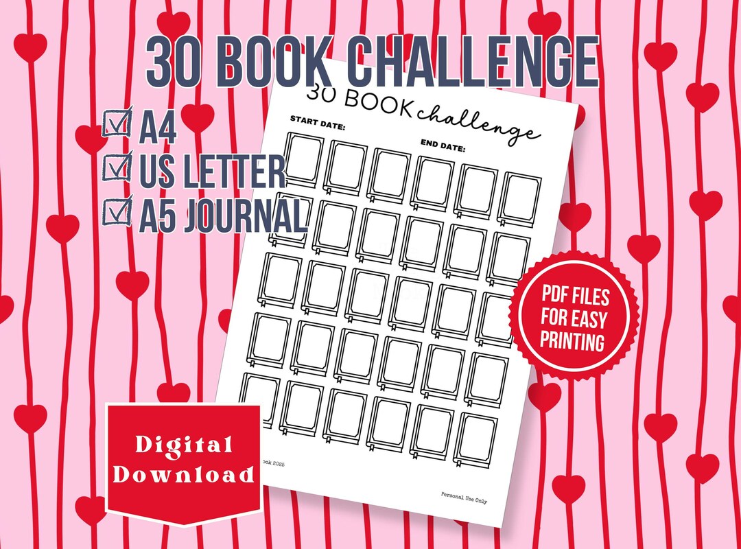 30 Book Challenge - PRINTABLE Journal Page - Reading Tracker Log ...