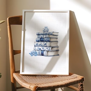 Blue Floral Chinoiserie Book Print Cottage Core Coquette Books and Bows Wall Art for Book Lovers, Housewarming Gift, Traditional Aesthetic