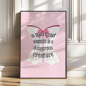 Trendy Wall Art for DORM ROOM Coquette Bookish Print - A Well Read Woman - Housewarming Gift Reader Literary Girl - Pink Dots & Bow Corset