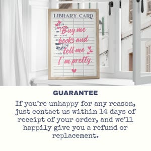 May include: A wooden sign with a white background and black text that reads "LIBRARY CARD". The sign has a pink heart and the text "Buy me books and tell me I'm pretty." in pink.