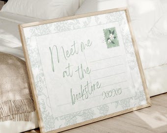 Meet Me at the Bookstore Horizontal Poster, Floral Wall Art, Home Decor, Gift for Book Lovers, Literary Decor, Funny Quote Poster Green