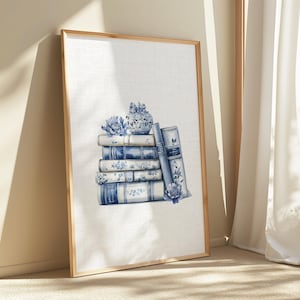 Wall Art Blue Floral Chinoiserie Book Print Cottage Core Coquette Books and Bows, Bookish Gift for Housewarming Maximalist Poster for Reader
