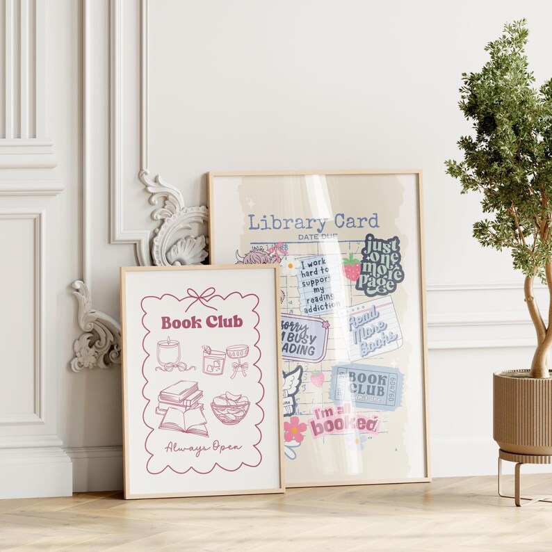 wall art gallery mockup of the readers nook colorful poster designs with a grand millennial, maximalist cottage core vibe original designs by the readers nook. book lover art, bookish wall art, reading quote art, book club decor, book nook print, gift for readers, book themed print, cute book poster, bookish decor, reading room art, book quote print, quotes about books