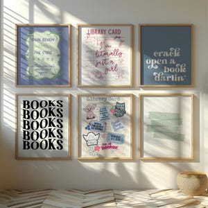 wall art gallery mockup of the readers nook colorful poster designs with a grand millennial, maximalist cottage core vibe original designs by the readers nook. book lover art, bookish wall art, reading quote art, book club decor, book nook print, gift for readers, book themed print, cute book poster, bookish decor, reading room art, book quote print, quotes about books