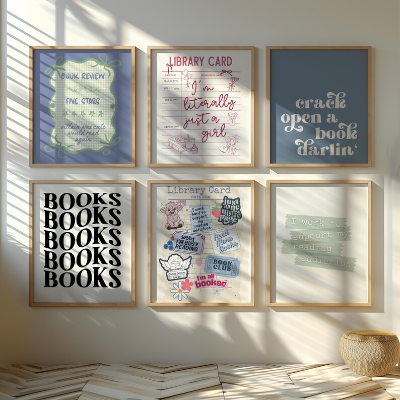 wall art gallery mockup of the readers nook colorful poster designs with a grand millennial, maximalist cottage core vibe original designs by the readers nook. book lover art, bookish wall art, reading quote art, book club decor, book nook print, gift for readers, book themed print, cute book poster, bookish decor, reading room art, book quote print, quotes about books