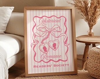 Pink Wall Art Bookish Gift 'Historical Romance Readers Society' Coquette Style Poster for Literary Girls Dorm Room Decor, Cameo Locket & Bow