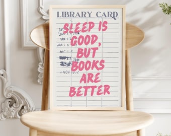 Pink Wall Art Prints Library Card Poster Girly Decor Dorm Apartment Prints & Posters Sleep is Good Bookish Merch