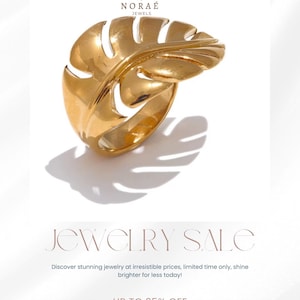 Bague Feuille de Monstera Dorée, Bague Large Palme Tropicale, Acier Inoxydable