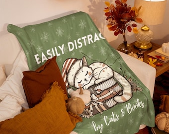 Cat and Books Blanket, Cozy Red Throw, Cute Sleeping Cat Illustration, Gift for Cat Lovers and Book Lovers, Winter Reading Blanket