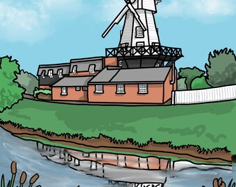 Windmühle und Spiegelungen im Fluss in Rye, East Sussex - Digital Art