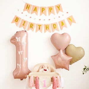 Baby Girl 1st Birthday Decor, Pink Balloon Set with Number Balloon, Heart Balloons, Happy Birthday Banner & Highchair Garland