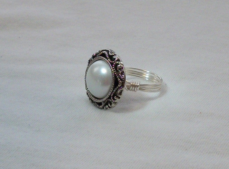 Antique Silver Button With Pearl Center Wire Wrapped Ring - Etsy