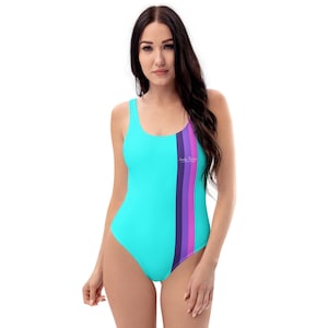 One Piece Swimsuit Women Original Print Blue Turquoise Stripes Design VHS Trend 80s 90s Beach Pool Swimming Body