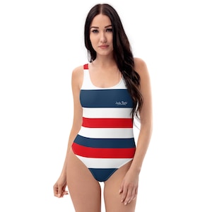 Swimsuit one-piece woman nautical striped print beach pool swimming backless striped retro vintage blue red white boho