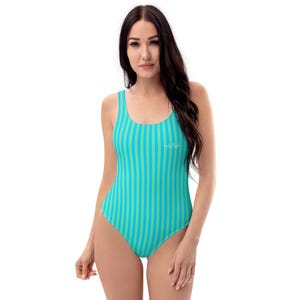 One-piece swimsuit women printed original pattern stripes blue cyan pale green pastel beach boho chic striped Y2K 2000 retro vintage