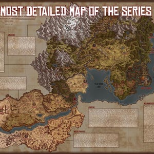 Può includere: Mappa dettagliata di una terra immaginaria, con montagne, fiumi e città. La mappa include caselle di testo con informazioni aggiuntive ed è incorniciata con un bordo marrone. Il titolo recita "THE MOST DETAILED MAP OF THE SERIES."
