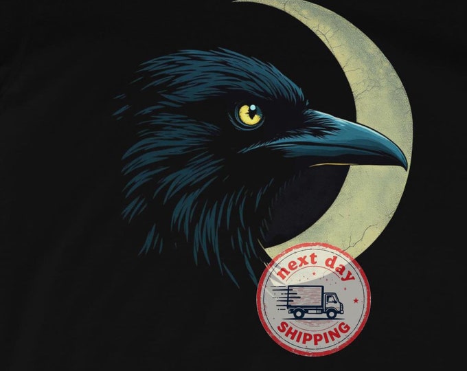 Crow Shirt with Moon Design, Gothic Raven Tee, Dark Nature Graphic Top, Unisex Casual Wear, Night Sky Animal Lover Gift