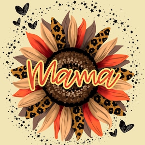 leopard print flowers graphic print sunflower and leopard mama cheetah PNG t-shirt design DTF transfers with sunflowers cheetah mama design