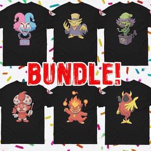 May include: A bundle of six black t-shirts, each featuring a unique cartoon graphic. Designs include a clown, a goblin, a jack-in-the-box, a mushroom-headed character, a fiery demon, and a red hooded figure. The word "BUNDLE!" is in red.