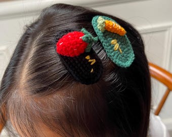 Cute Crochet 3D Hair Clip, Carrot/Strawberry Barrette, Fruit Hair Pin, Gift for Girls/Kids/Her, Birthday Gift, Girls Easter Gift