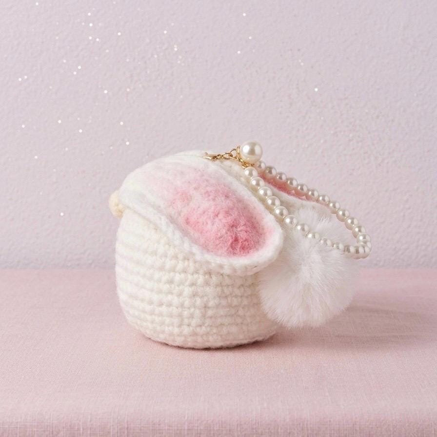 Crochet Bunny Wrist Bag Pearl Handle – White Rabbit Coin Purse